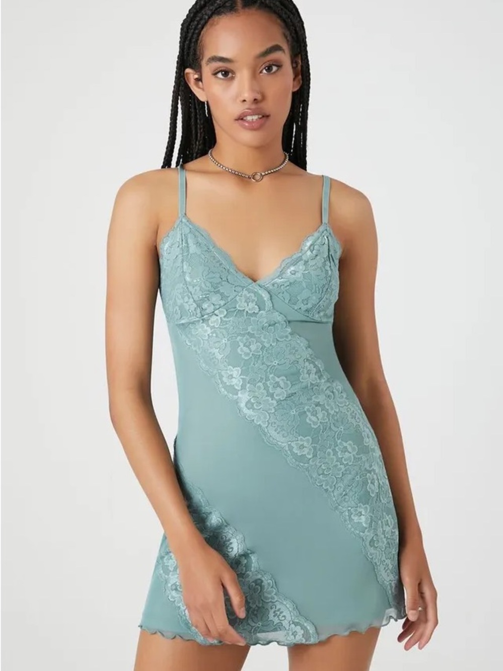 Forever 21 Sage Blue Lace Trim Slip Dress